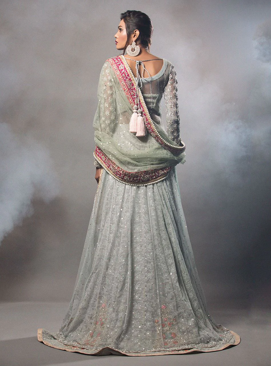 Ash Grey Short Angarkha With Mint Dupatta - Image 2