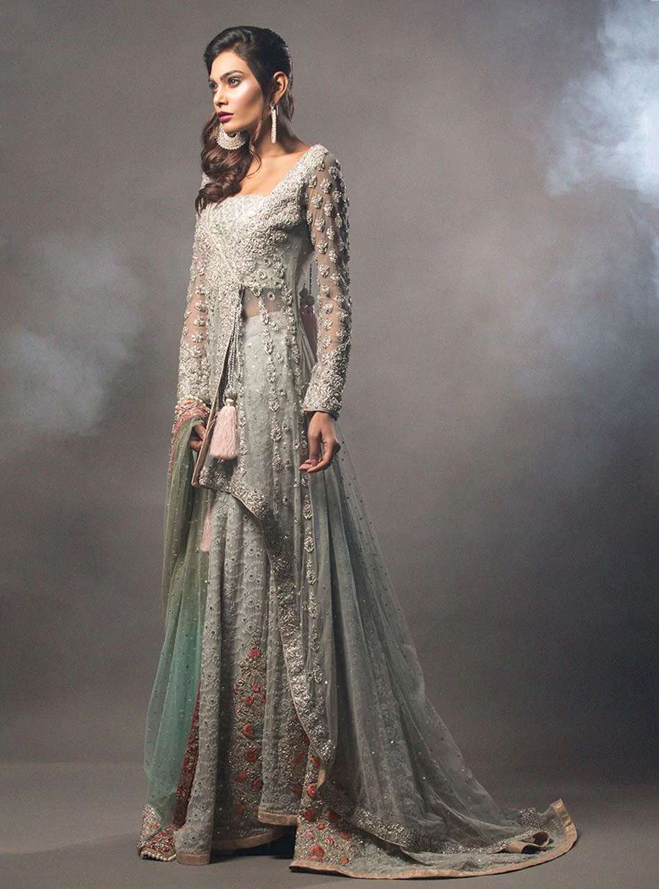 Ash Grey Short Angarkha With Mint Dupatta - Image 3