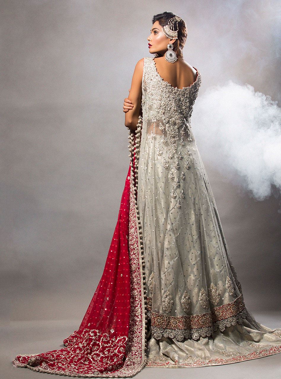 Grey Net Shirt And Lehnga With Red Dupatta - Image 2
