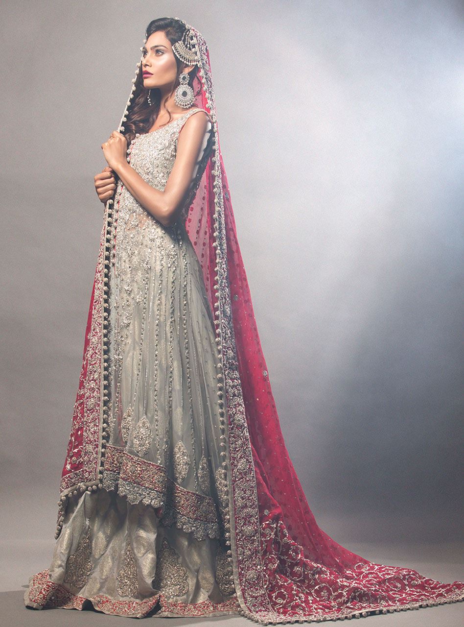 Grey Net Shirt And Lehnga With Red Dupatta - Image 3