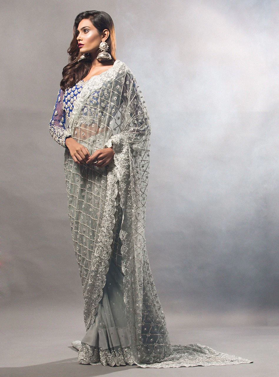 Grey Saree With Cobalt Blue Blouse - Image 3