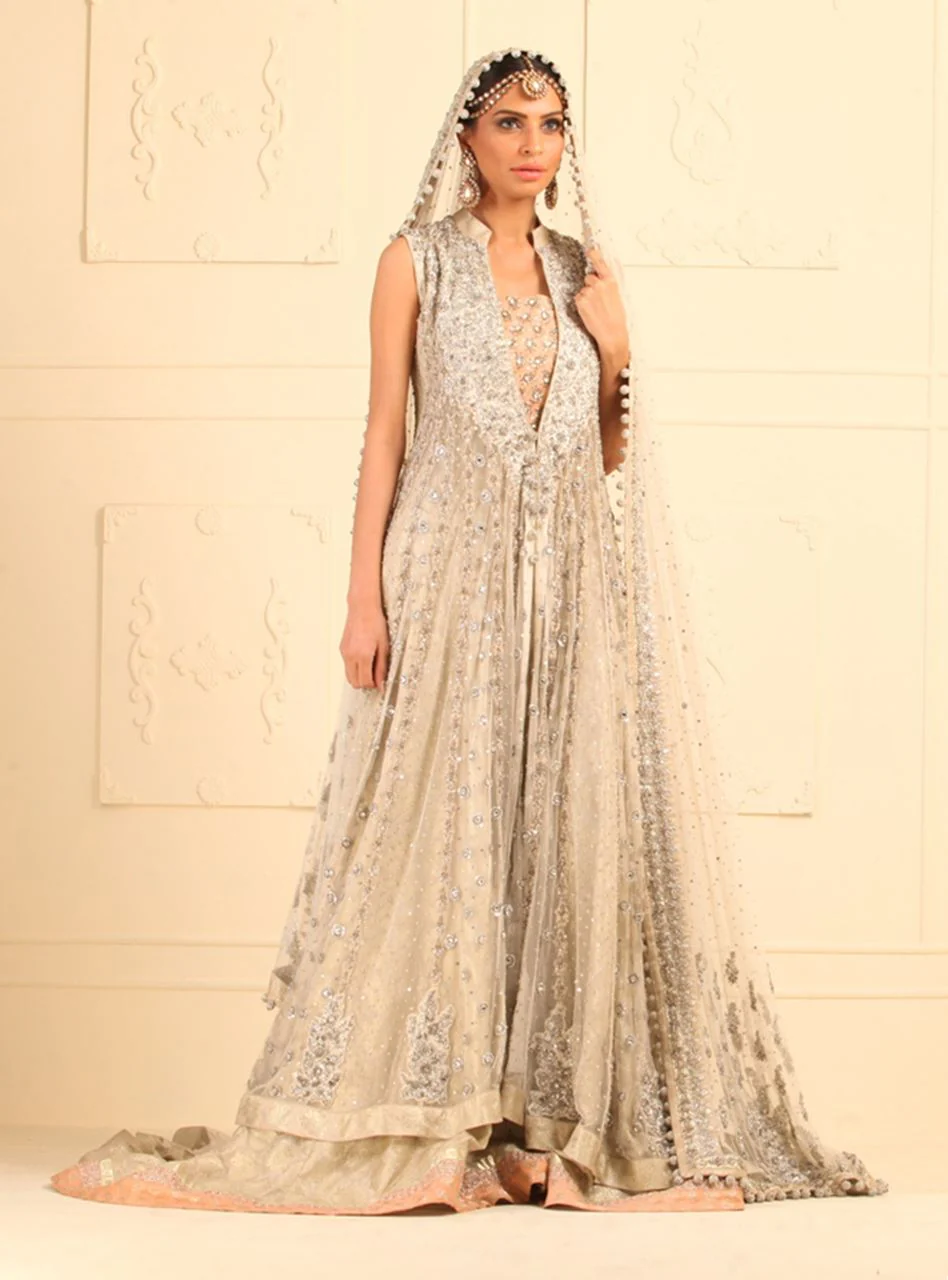 Ivory Floor Length Net Paneled Jacket