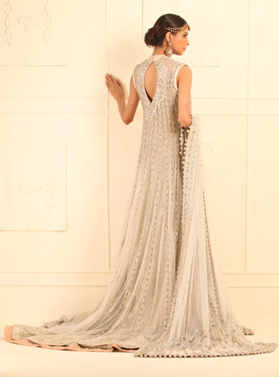 Ivory Floor Length Net Paneled Jacket - Image 3