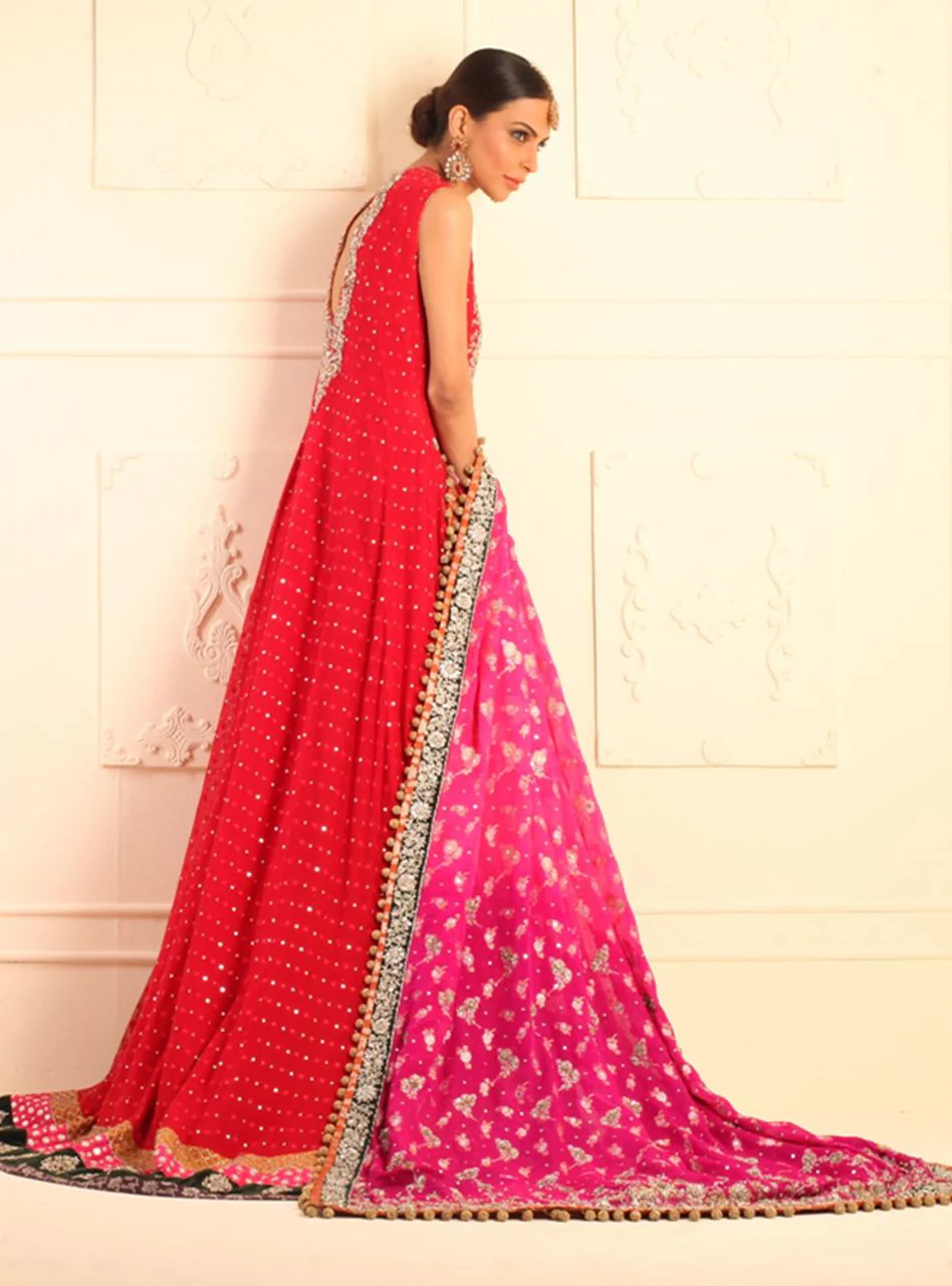 Long Red Mehsuri Net Paneled Dress - Image 2