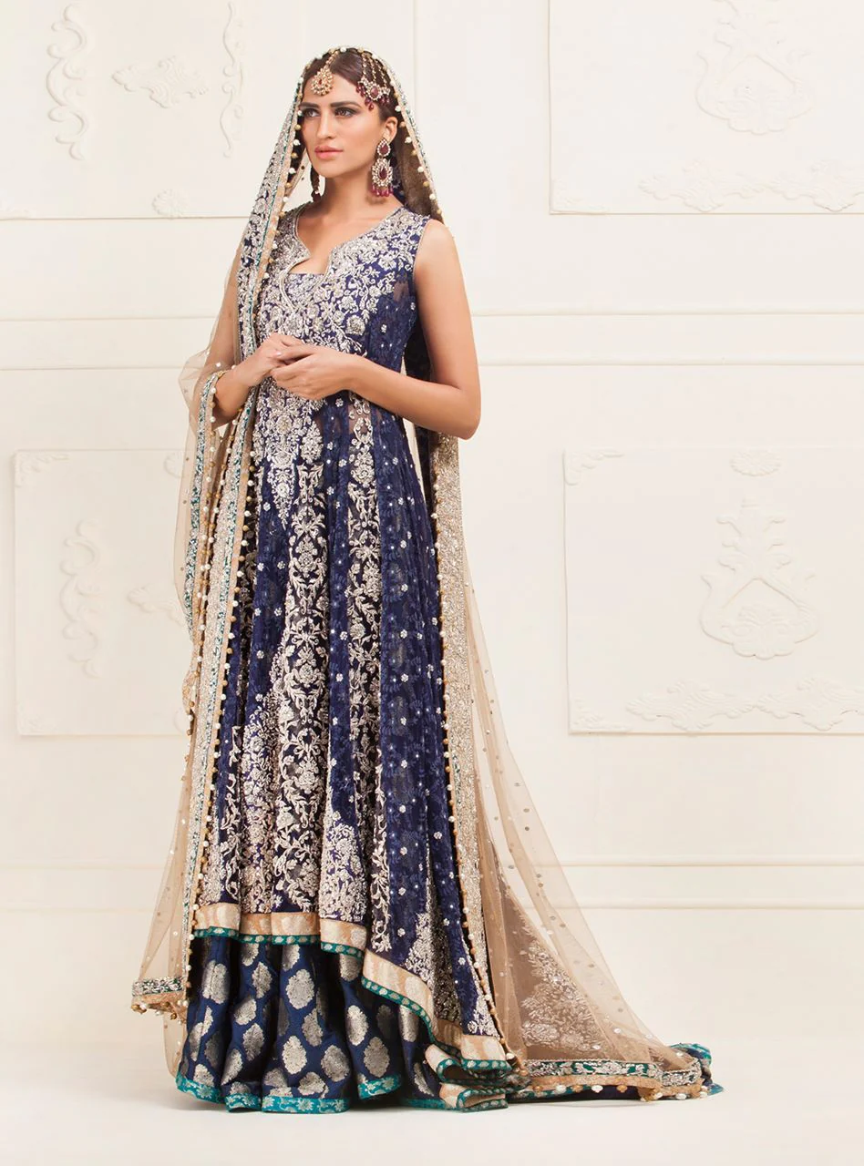 Navy Blue Floral Paneled Net Dress - Image 2