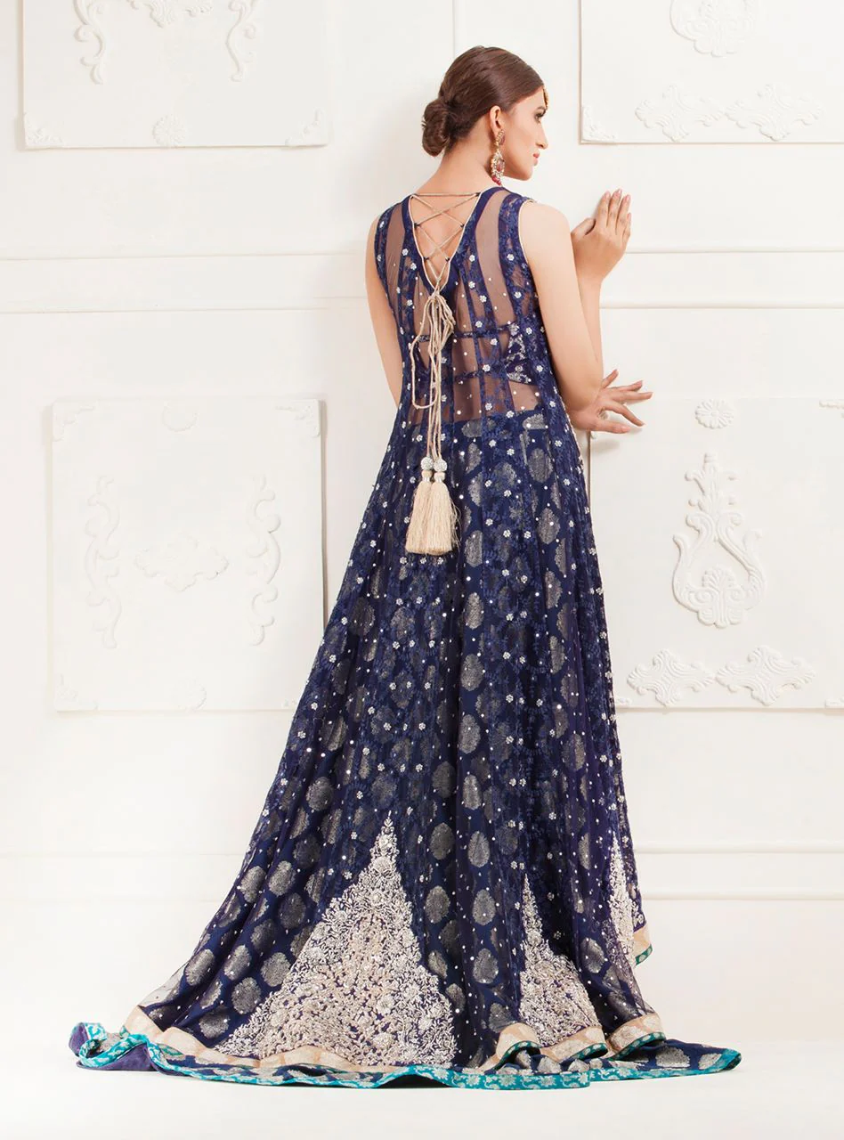 Navy Blue Floral Paneled Net Dress - Image 5