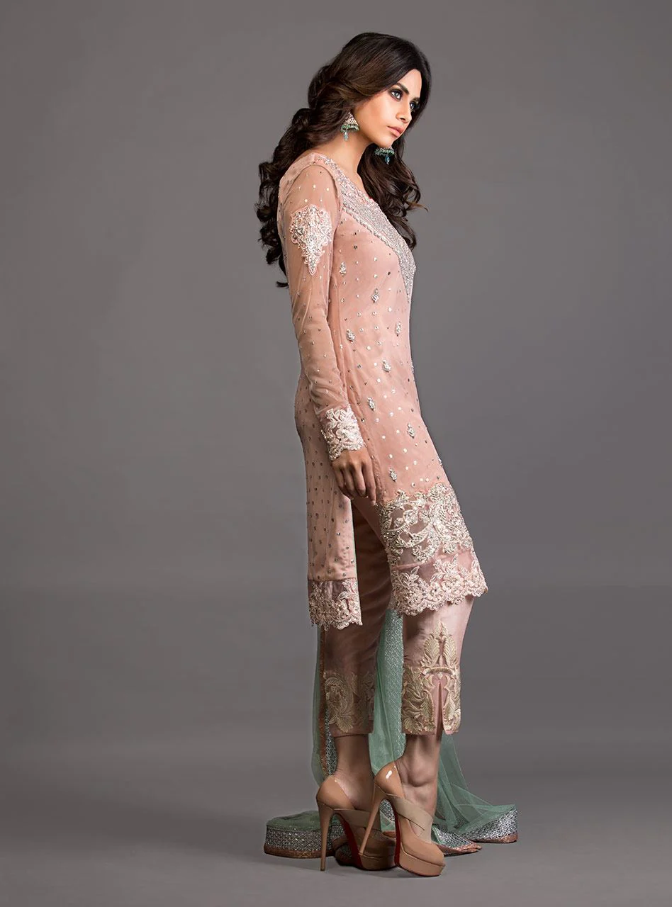 Salmon Pink And Pistachio Green Embellished Outfit - Image 3