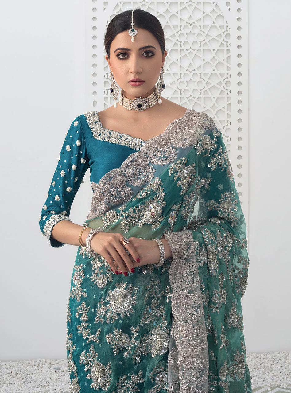 Teal Tulip Saree - Image 4